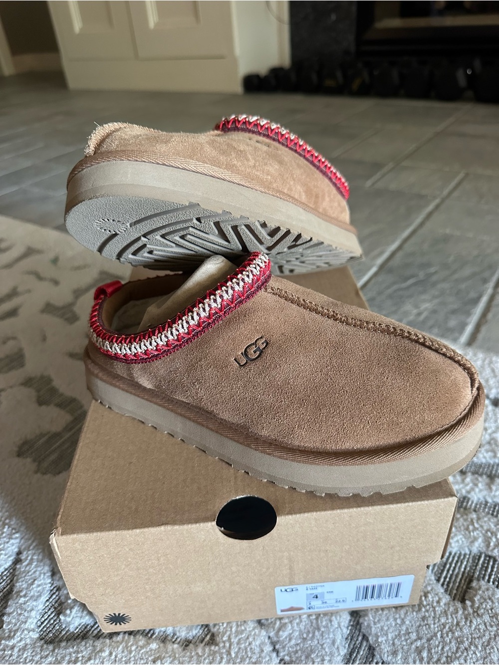 UGG Chestnut Suede Slip-On Mules with Red Trim